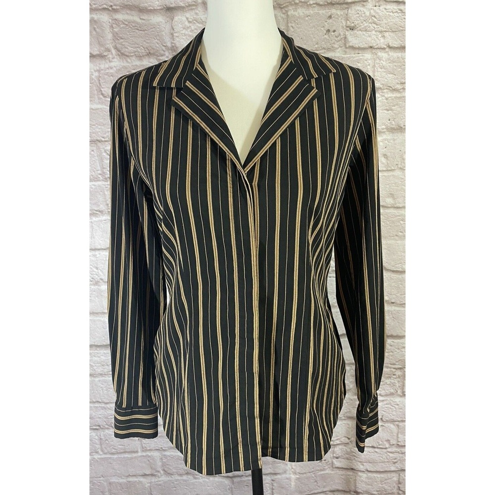 LINDA ALLARD Ellen Tracy Button Front Shirt SZ 8 Black Brown Tan Top
